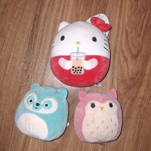 Squishmallows Red and White Cat, Blue and White Bear, Pink and Cream Owl Set